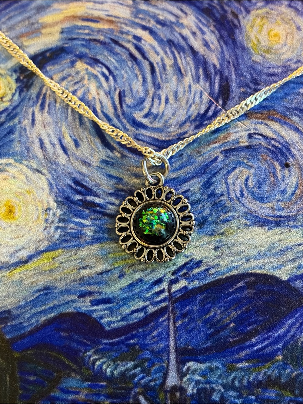 Green Opal-Effect Floral Pendant Necklace in Silver Tone